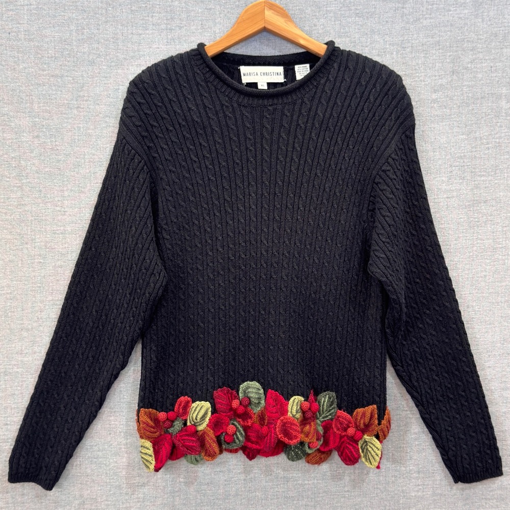 Marisa Christina Black Cable Knit Sweater Crochet Floral Hem Women XL